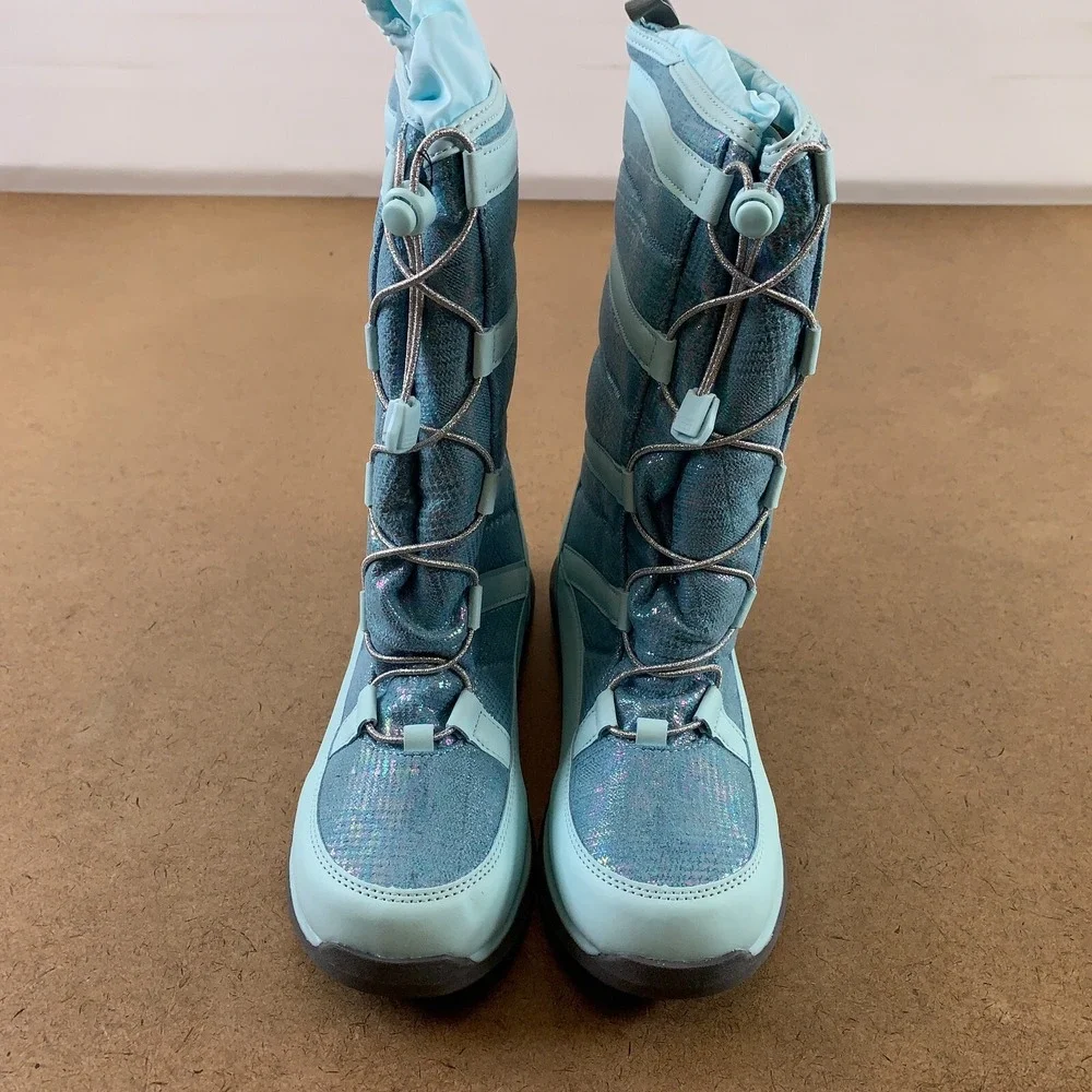 Lands End Kids Shoe Size 7 Teal Iridescent Snowflake Insulated Winter Boots NWT